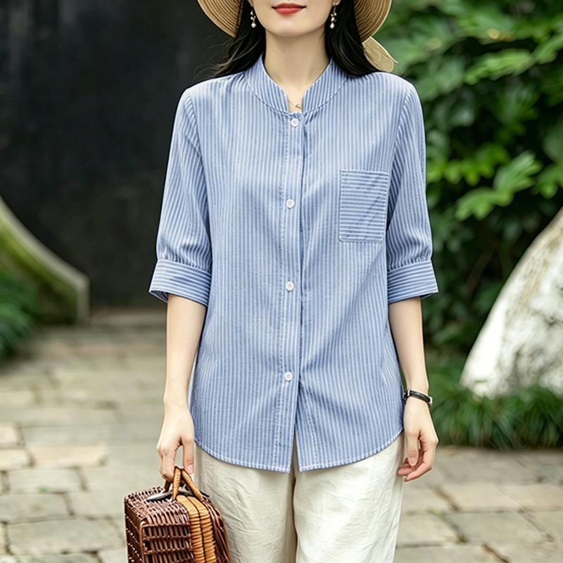 ZANZEA Women Stand Collar Loose Casual Half Sleeve Stripe Blouse S синий
