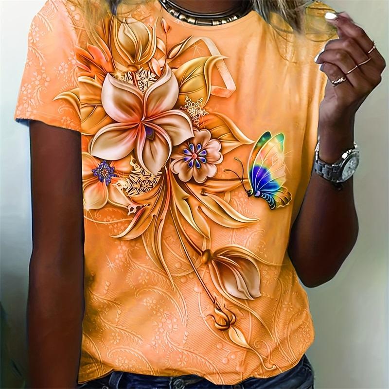Damen Blume Schmetterling Aufdruck T-Shirt Sommer NEU Oversized Beliebtes T-Shirt Kleidung Damen Kurzarm T-Shirts