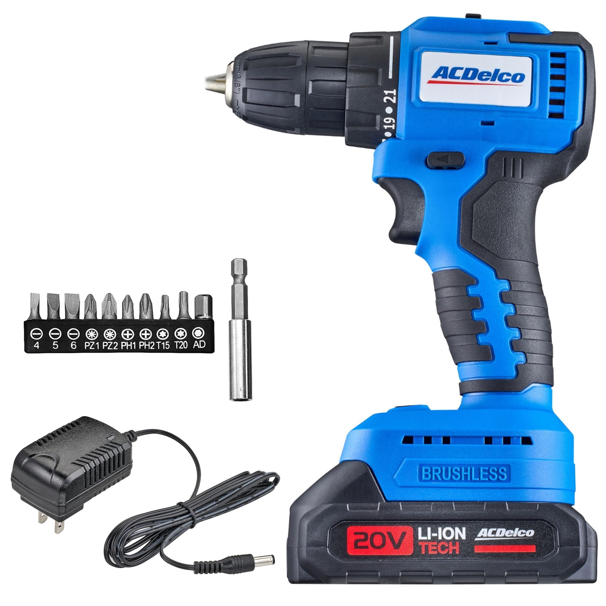 

ACDelco 20V Дрель Электрическая Регулируемый Крутящий Момент Включает 11 Насадок Драйвер, Отвертка, 21+1 Настройка, Двухскоростная Скорость, (ARD20137P-JP) синий