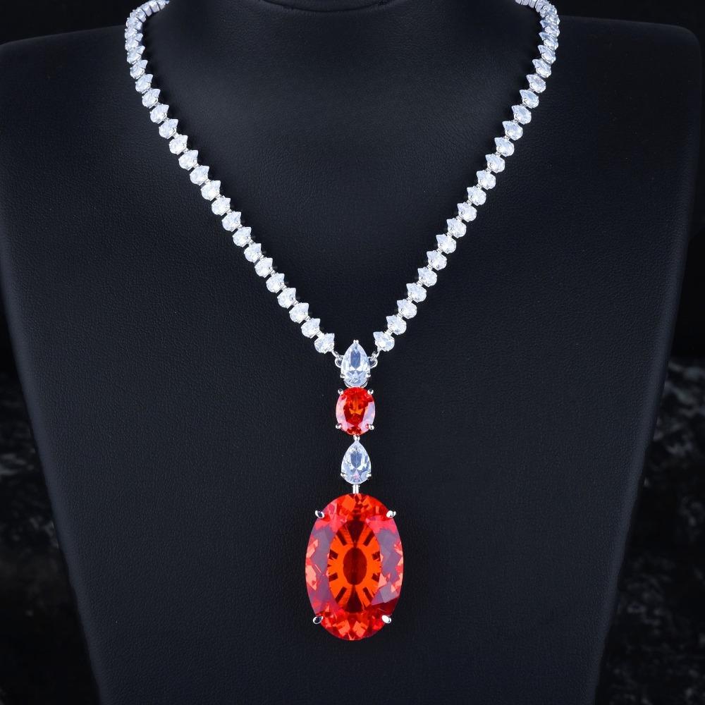 Elegant Fanta Padparadscha Full Diamond Bridal Jewelry Set Necklace Earrings Ring For Wedding