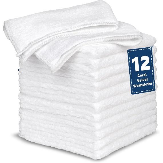 Coral Velvet White Washcloths 12 Pack, Highly Absorbent and Soft White Face Towels, Multi-Purpose Washcloths and Hand Towels for Bathroom, Hotel, Spa 12 PACK