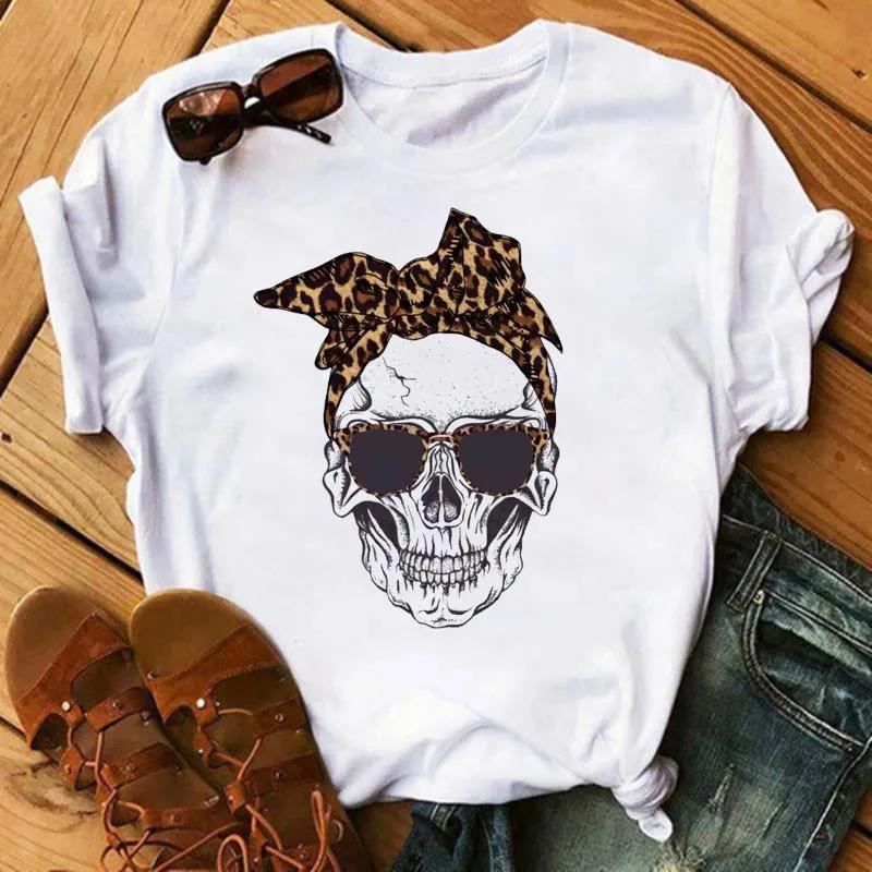 Fashion Leopard Skull Printed Women T-shirt Summer Loose Black Female T-shirt Casual Round Neck Harajuku Tops Woman Clothes