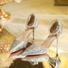 French Gentle Pearl Shiny Microfiber One Word Strap Hollow Thin with Two Wear Wedding Shoes High Heels Women's Shoes