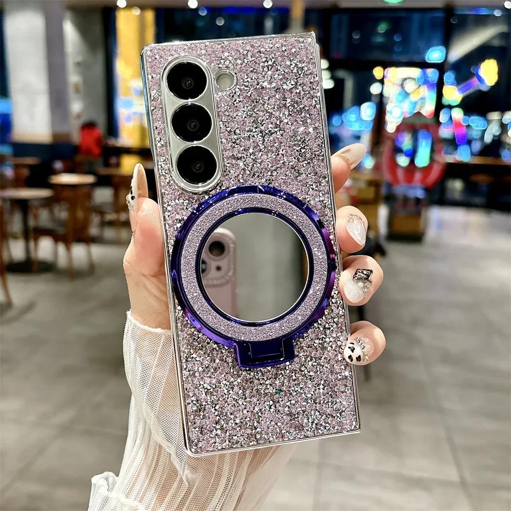 Luxurious Fashion Glitter Mirror Stand Magnetic Phone Case for Samsung Galaxy Z Fold 7 6 5 6 4 Plating Bling Diamond Back Cover