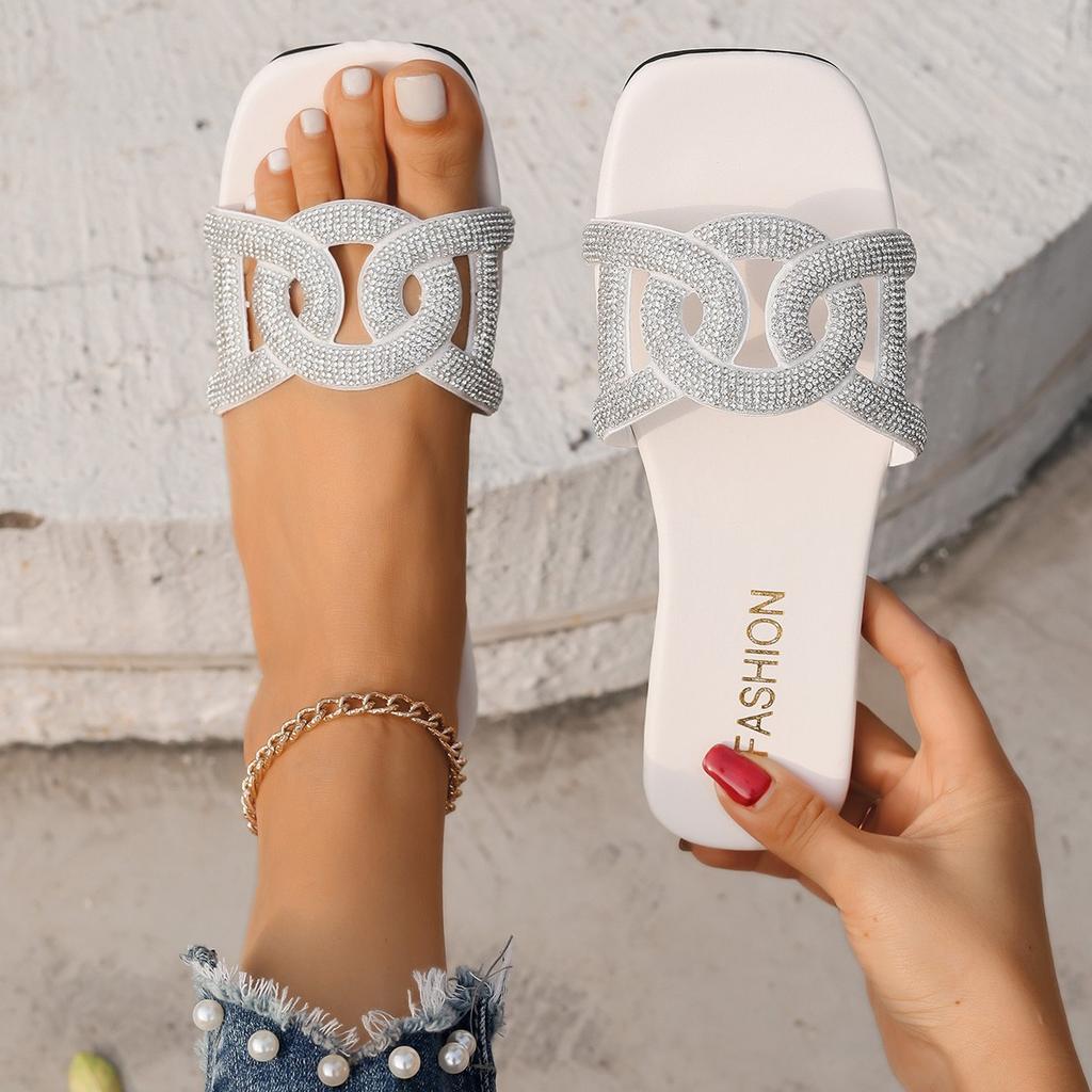 2025 Summer Slippers Women Wear New Women's Sandals Flat Sandals Rhinestone Hollow Women's Shoes Round Head 36-43