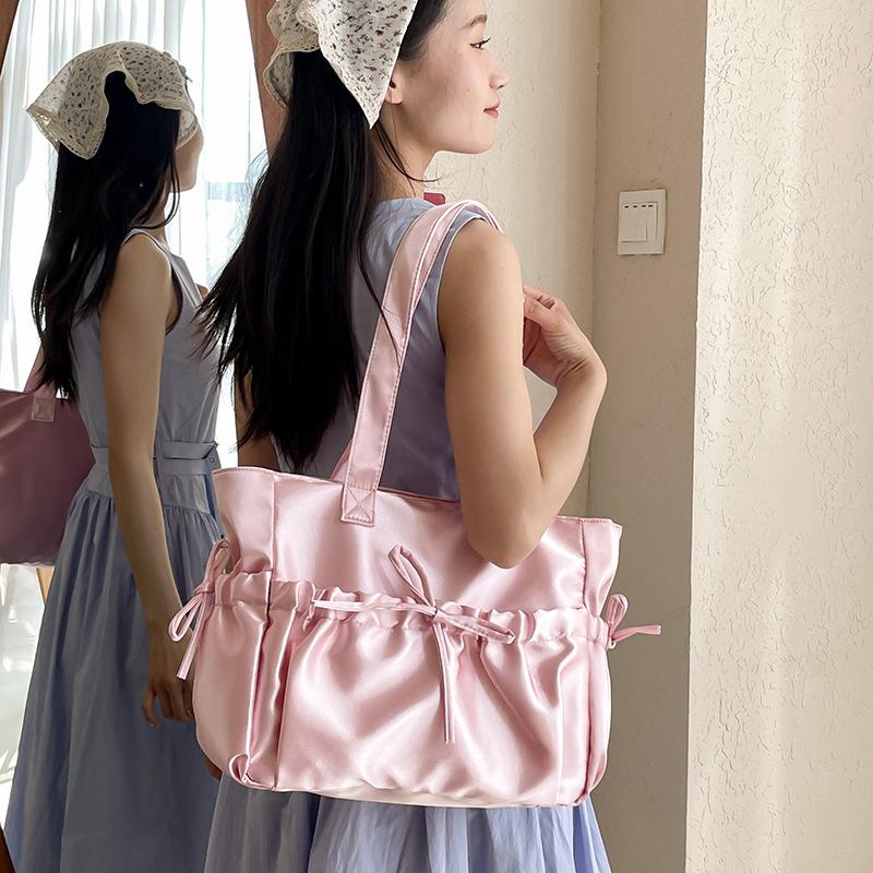 Satin Ballet Style Pleated Bow Girls Shoulder Bags Sweet Candy Color Ladies Underarm Bag Korean Casual Women Laptop Large Tote