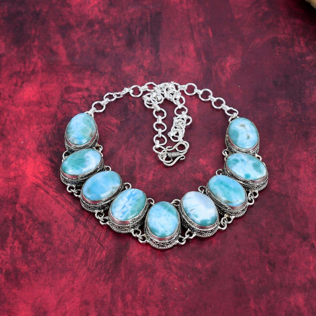 Larimar 925 Sterling Silber Halskette mit verstellbarer Kette, handgefertigte Edelstein Schmuck Halskette für den Gedenktag