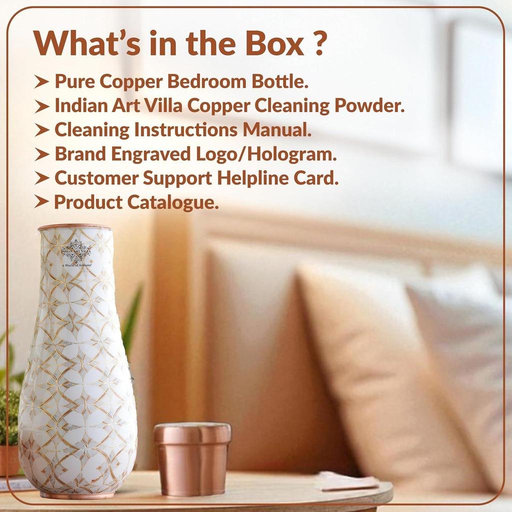 Copper Gold Block Print Bedroom Bottle – Designer Drinkware, Stylish Copper Water Bottle for Home Use, Volume- 1500 ML