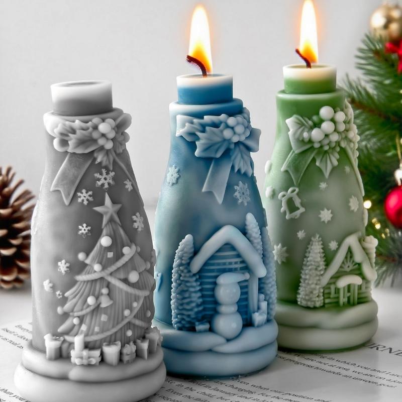 Christmas Embossed Bottle Silicone Candle Mold For Epoxy Resin Making Candle Soap Chocolate Christmas Home Decoration