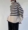 Women's High Neck Knitted Sweater - Retro Striped Design, Loose Fit, Autumn/Winter 2023, Korean Style.