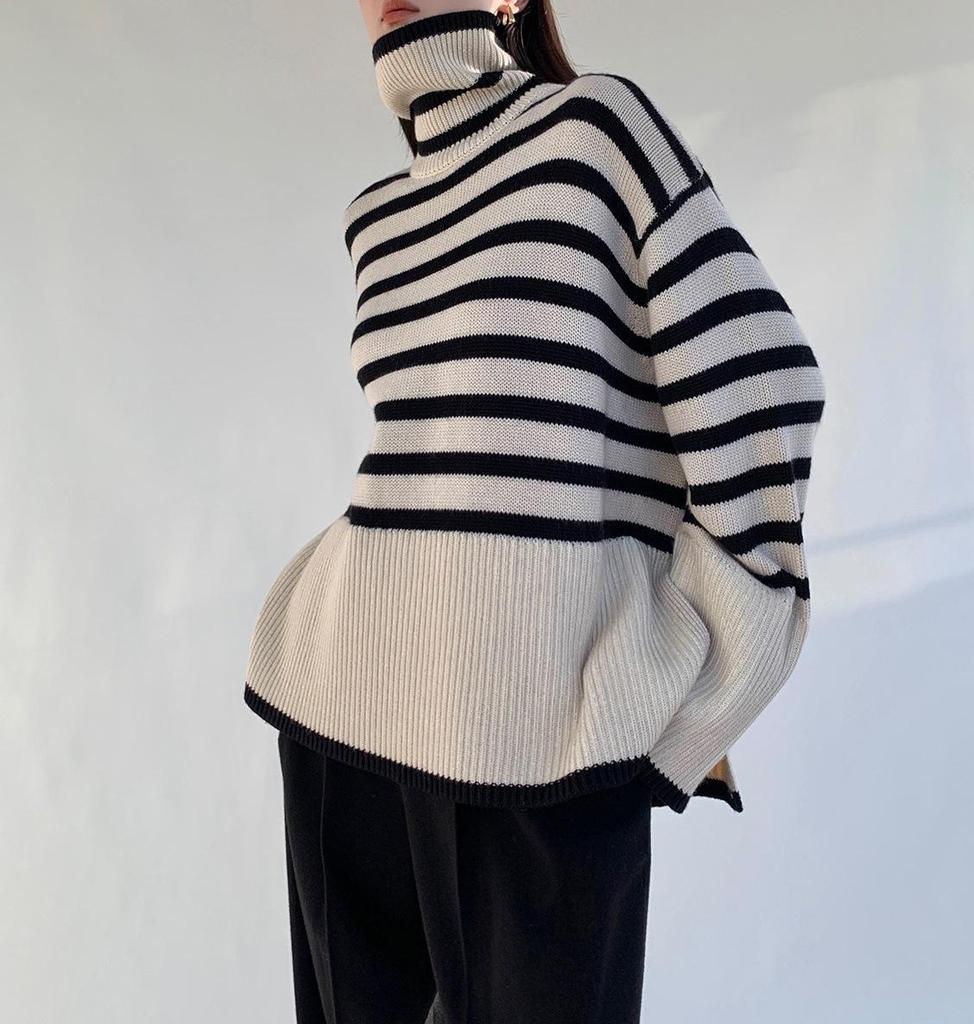 Women's High Neck Knitted Sweater - Retro Striped Design, Loose Fit, Autumn/Winter 2023, Korean Style.