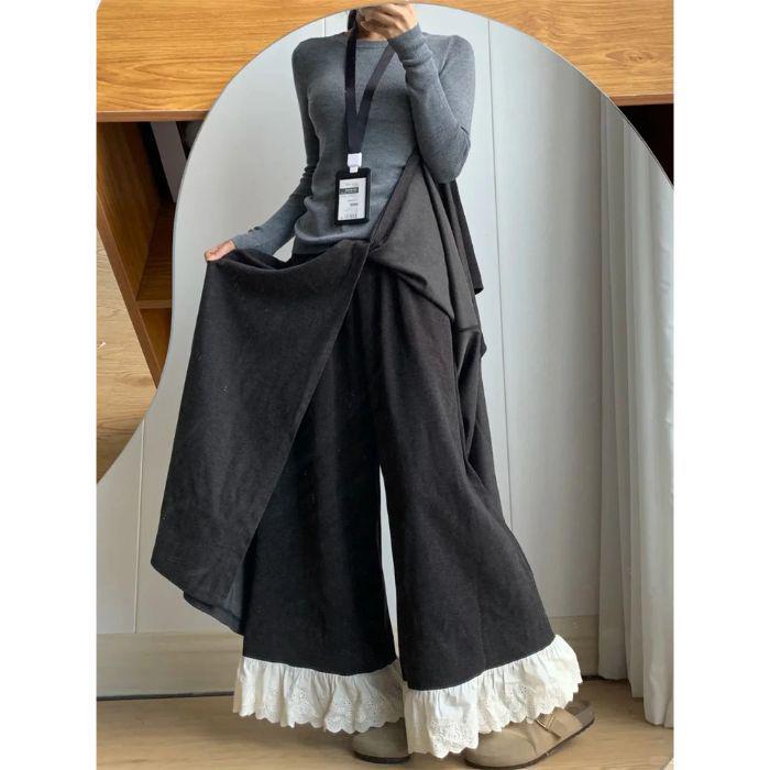 Patchwork Lace Trim High-Waisted Woolen Wide-Leg Pants for Women - Autumn/Winter Plus Velvet Casual Loose Fit. Large