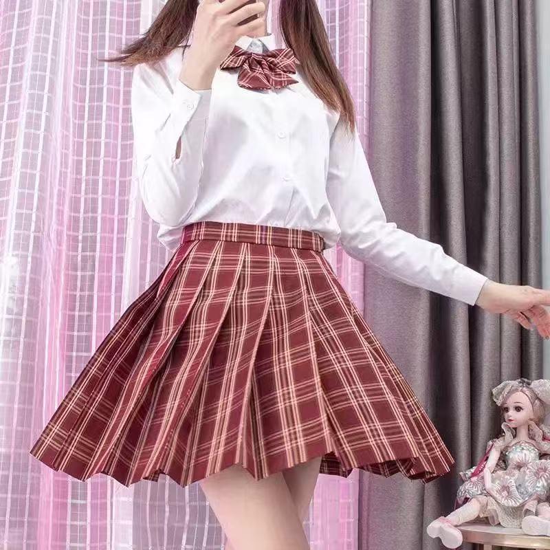 Japanese JK School Uniform Plaid Skirt Set - Women's Short Sleeve Pleated Skirt