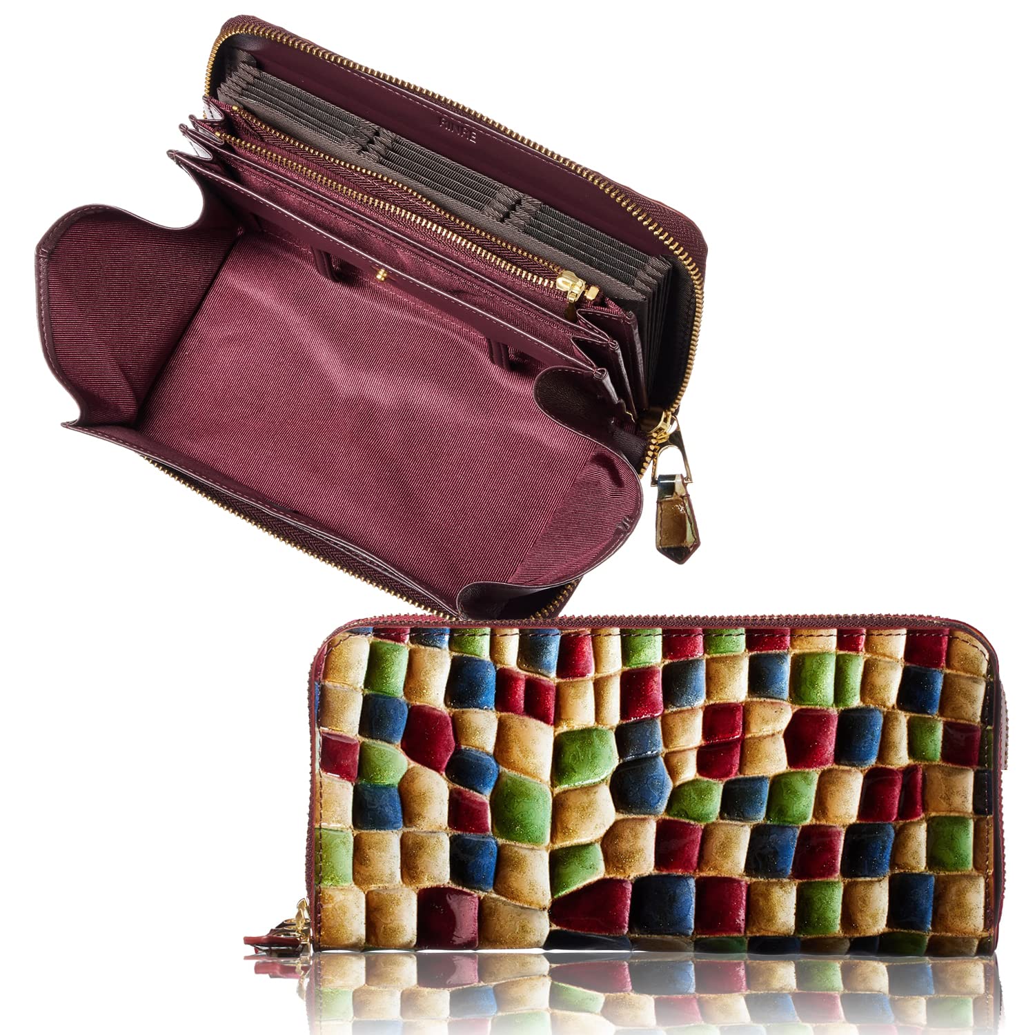 

Linle Women s Long Wallet, Large Capacity, Genuine Leather, Vertical Card Slots, Coin Slot, Easy to Use, Round Zipper, Enamel, Stained Glass Design,