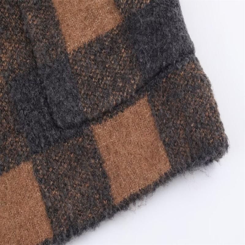 Womens Round Neck Long Sleeve Plaid Knit Cardigan Sweater Casual