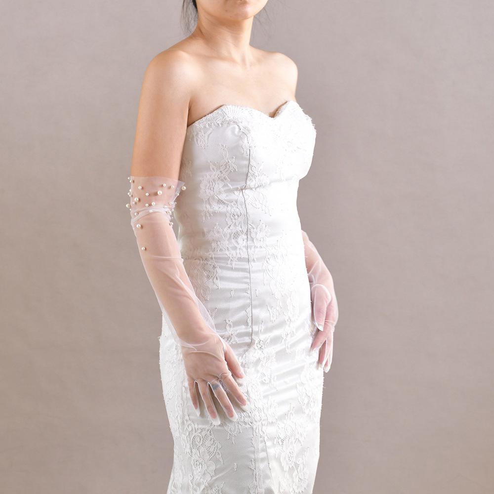 Pearl Mesh Bridal Wedding Dress Tulle Gloves Long Dinner Party Sheer Gloves Travel Pography Accessories