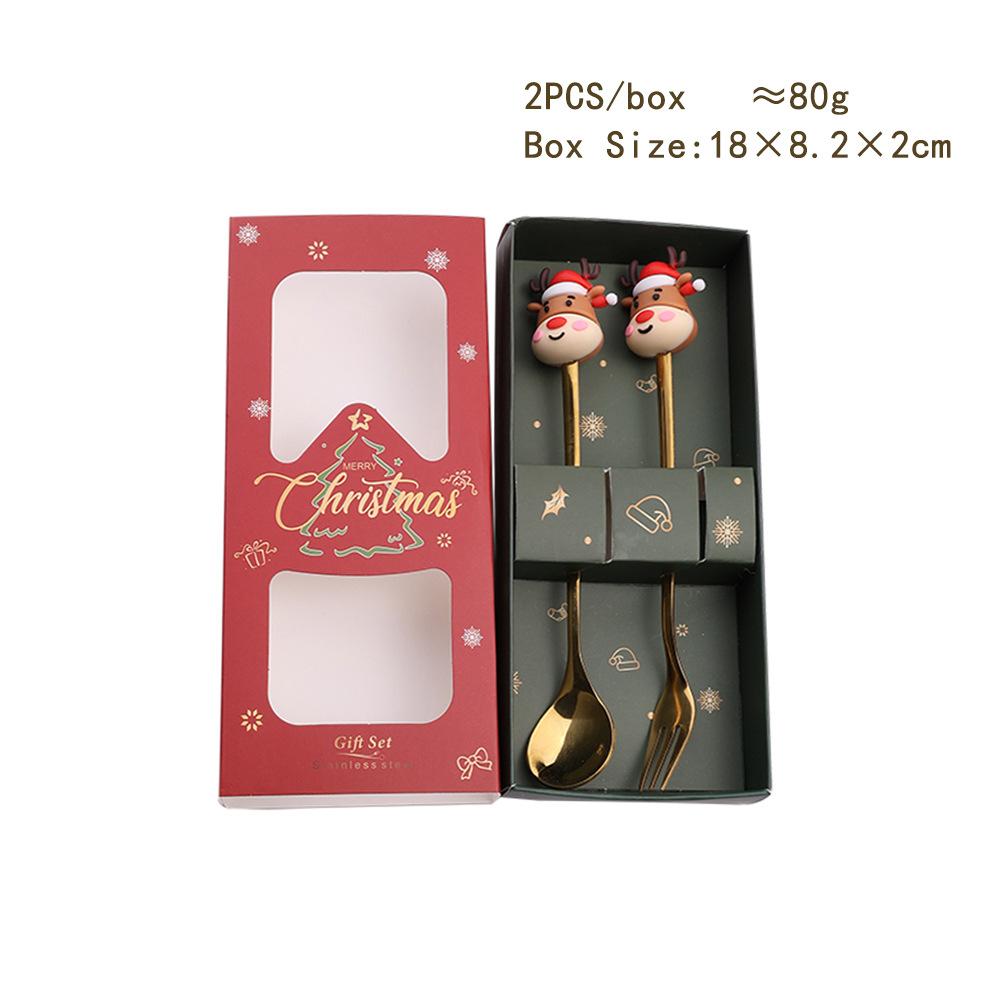 HANYANG juleskjesett julegavebestikk To sett med dessertskjeer og gafler Santa elg dukkeskje