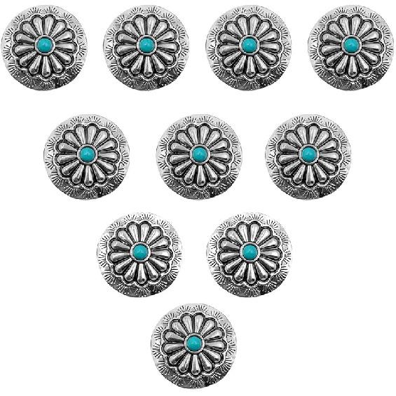 5/10pcs Decorative Leather Craft Western Vintage Turquoise Metal Round Concho Button Screw Back (Green, 10pcs)