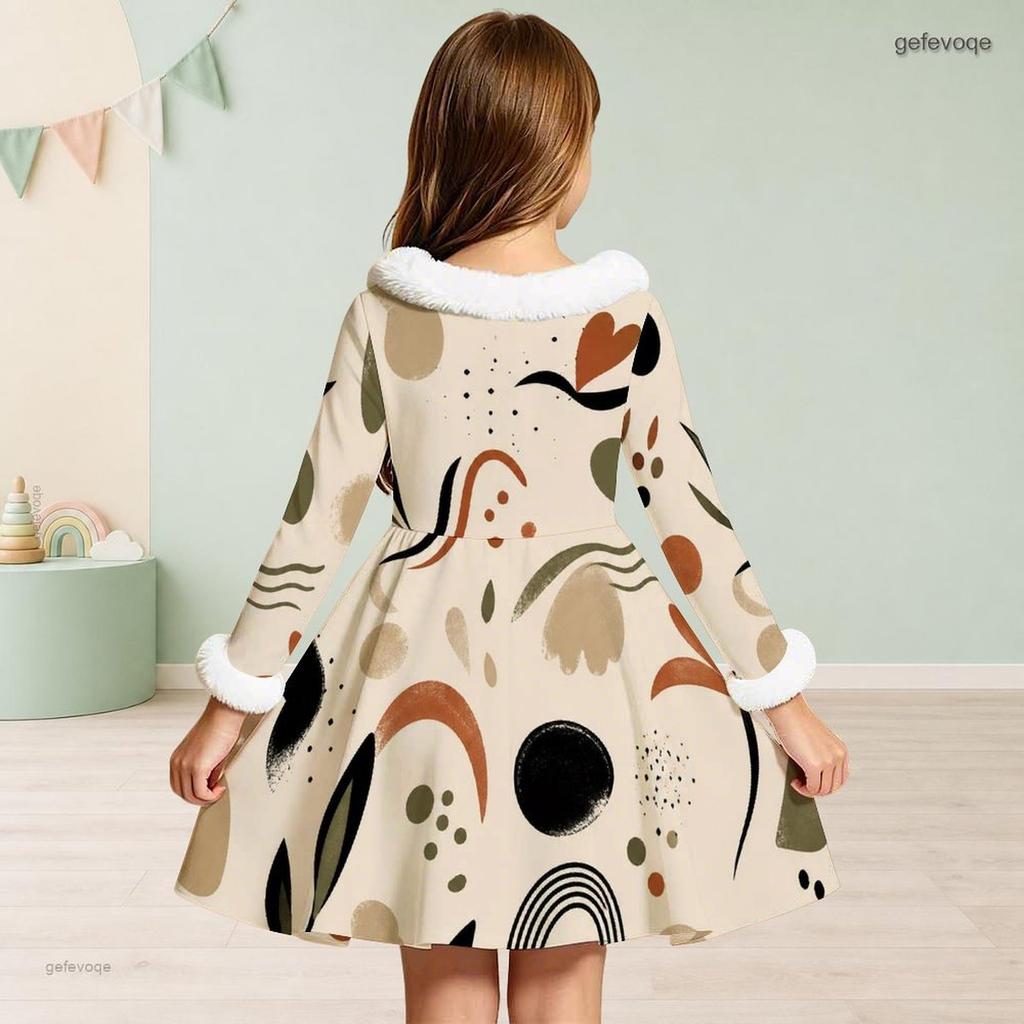 Girls Cream Printed Dress Furry Collar Long Sleeve Bow Waist A Line Flared Hem