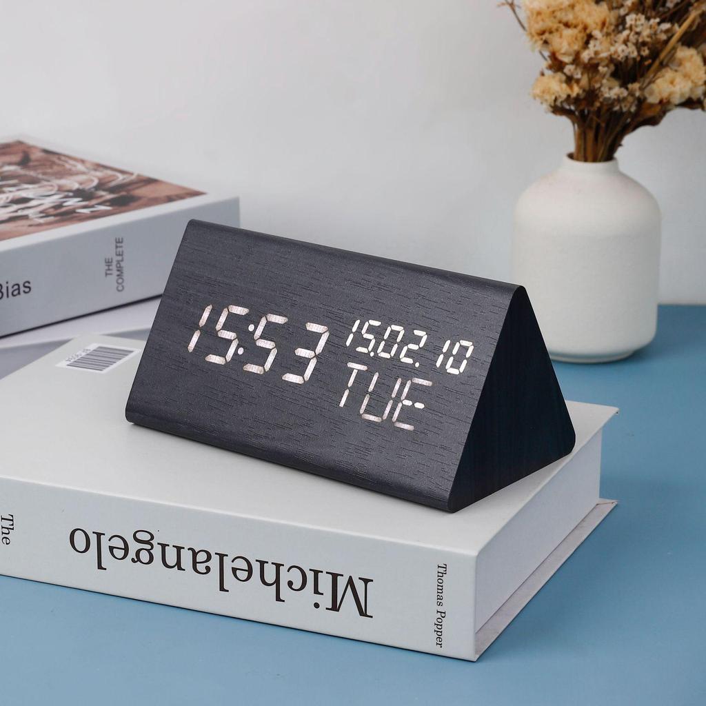 Triple Display LED Wooden Alarm Clock with Silent, Luminous Features and Perpetual Calendar
