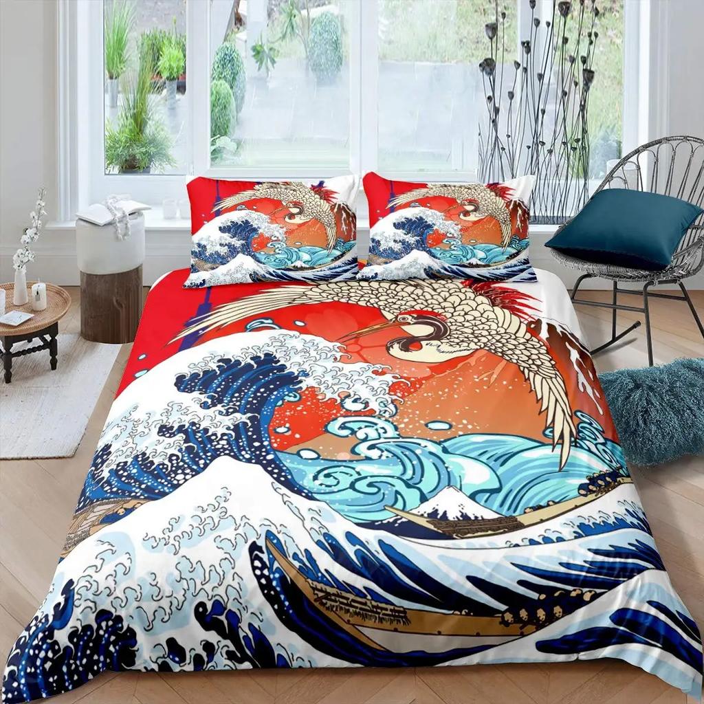 Japanese Wave King Queen Duvet Cover Blue Sea Bedding Set Maple Leaf Moon Quilt Cover Hokusai Ukiyo-E Polyester Comforter Cover