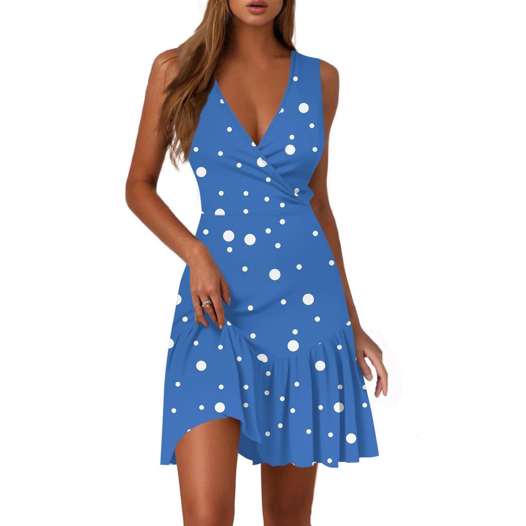 Ladies Casual Fashion V-Neck Sleeveless  Print Dress