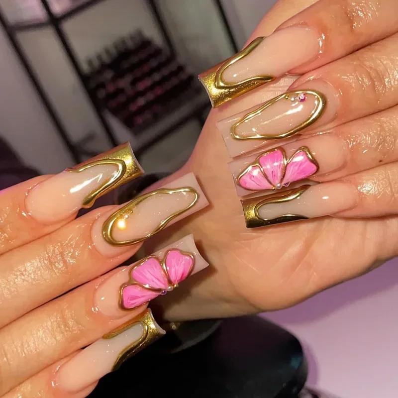24Pcs White French Wave 3D Long Coffin False Nails With Gold Line Full Cover Press On Nails
