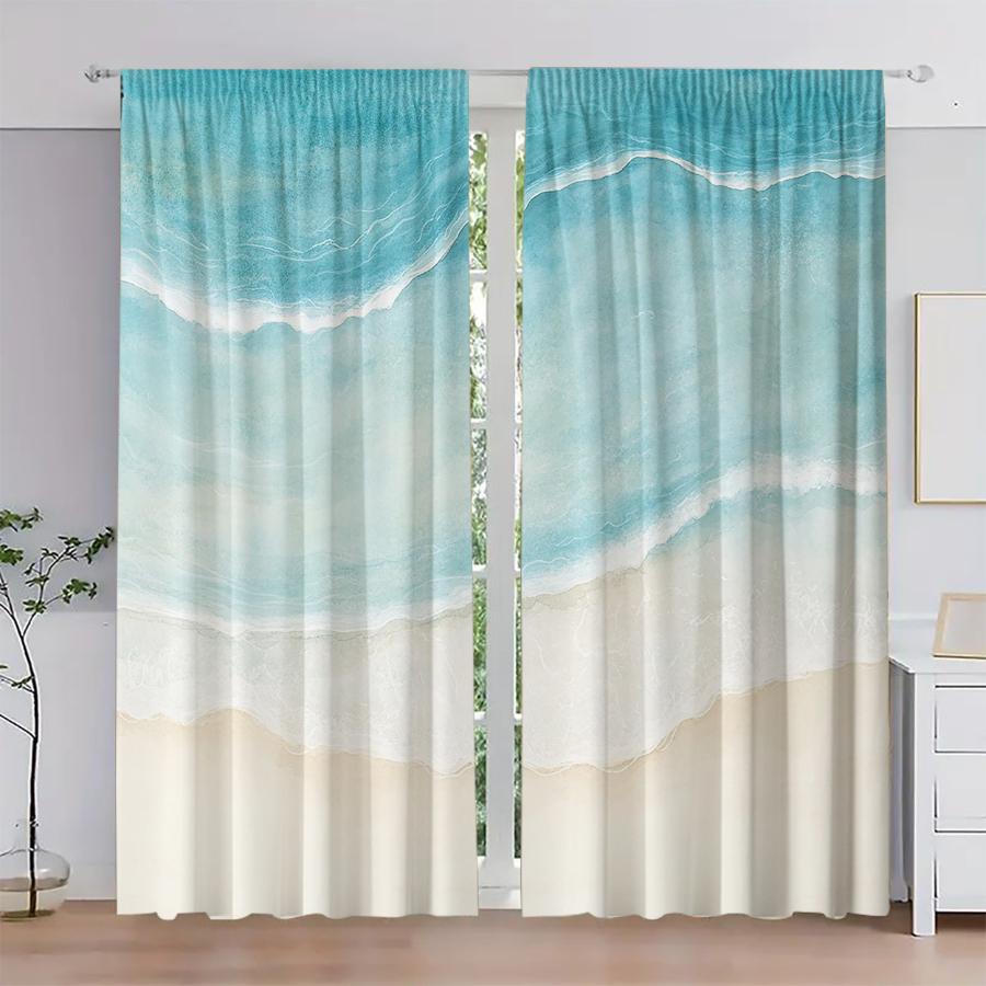 2PCS Digital Printed Curtains, Summer Ocean Wave Pattern, Coastal Beach Style for Living Room Bedroom Apartment Home Decor