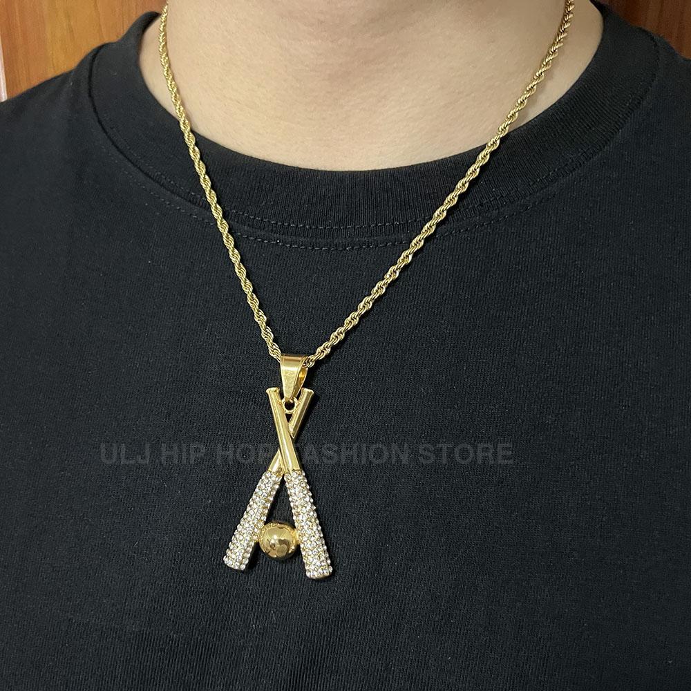

Hip Hop Stainless Steel Waterproof Men Necklace Rhinestones Baseball Pendant Twisted Chain Fashion Ethnic 20inch 50cm золотистий
