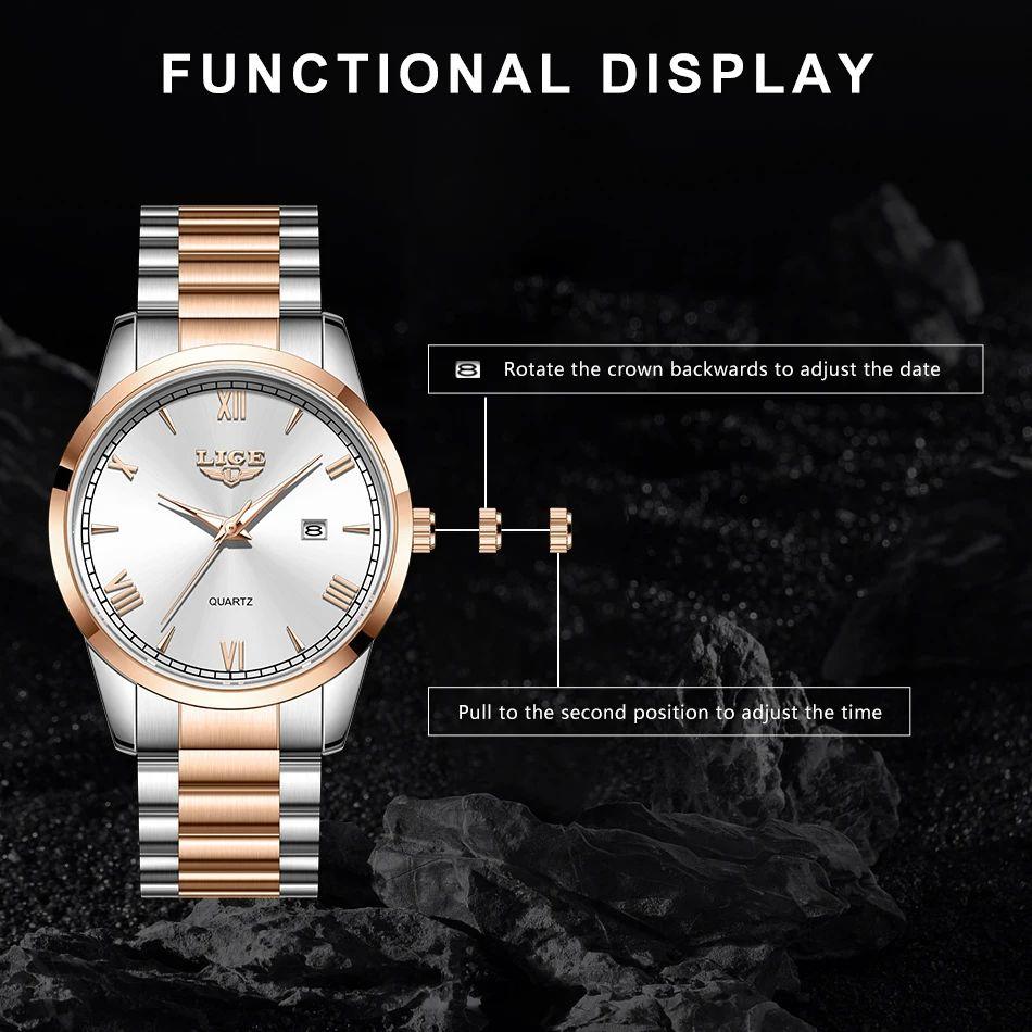 LIGE Uhr für Damen Einfache Business-Uhr 40MM Damenuhr Quarz Leuchtendes Kalender Damen-Armbanduhr Montre Femme+BOX