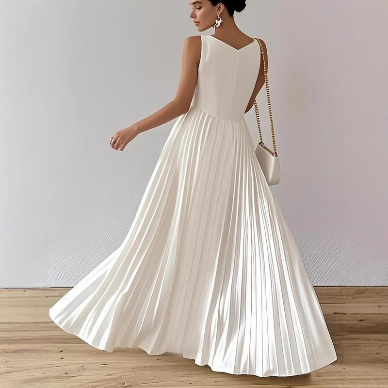 Women's Pleated Maxi Dress Sleeveless High Neck Fit and Flare Elegant Formal Dress