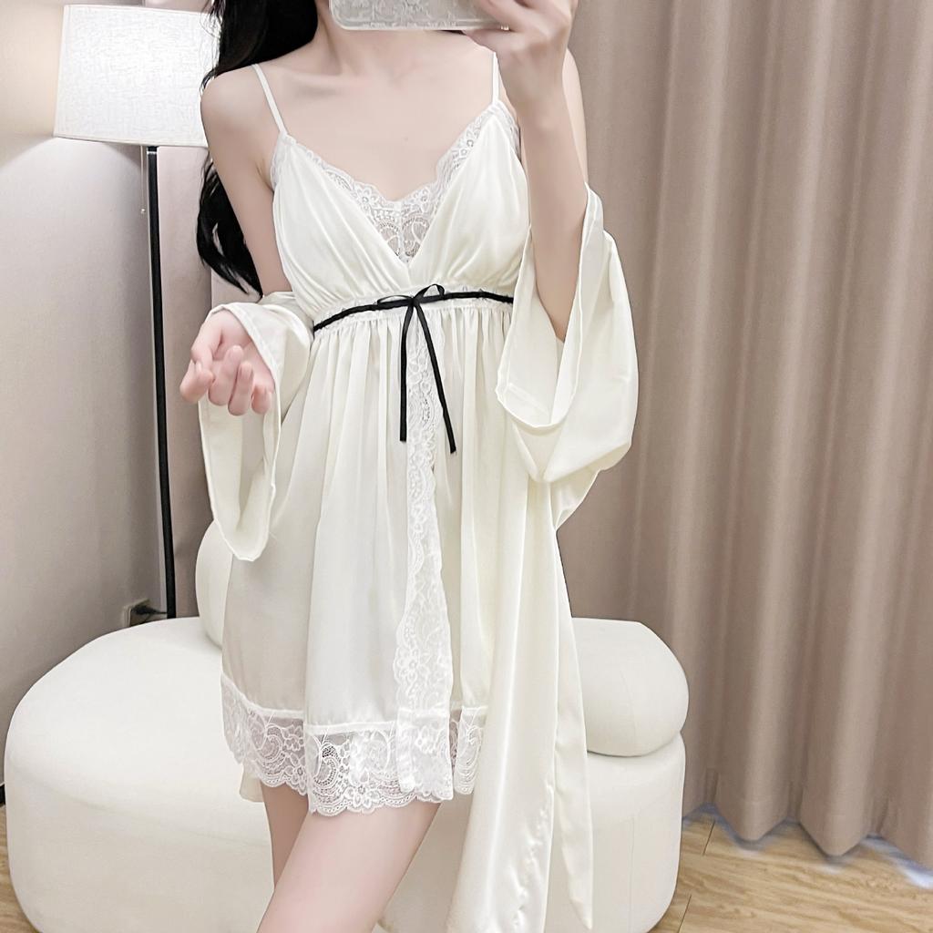 Women's Summer Halter Pajamas with Chest Pads, Lace Suspender Pajamas, Long-sleeved Two-piece Set, Sexy Pure Desire Ice and Snow Silk Loungewear
