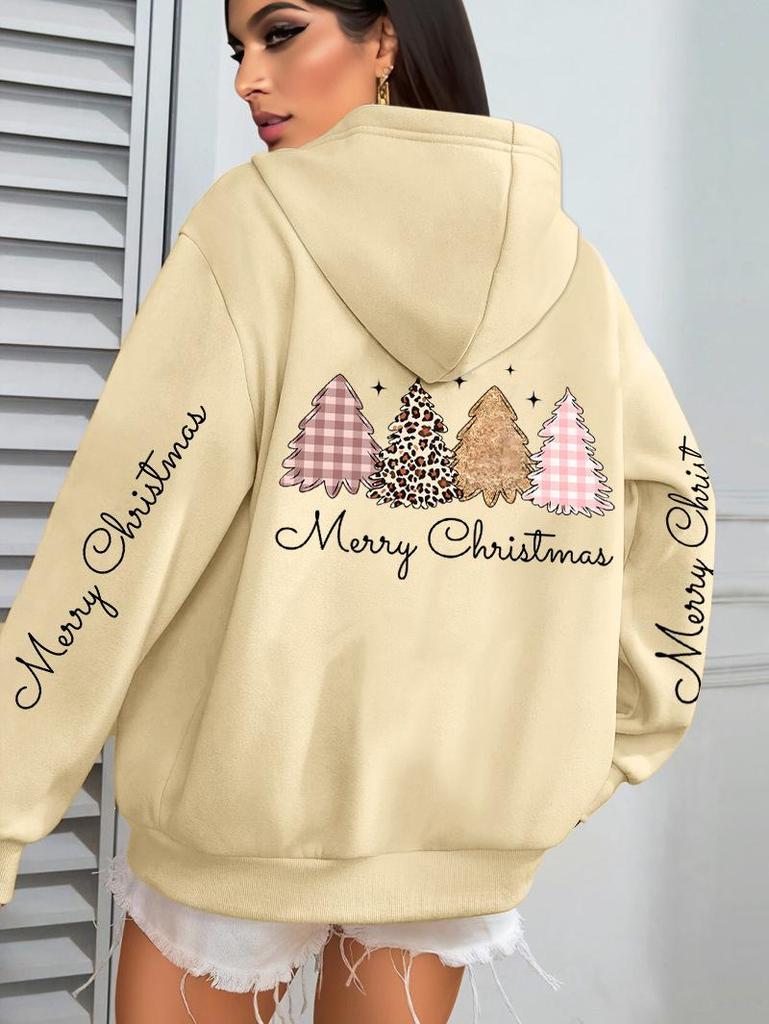 Merry Christmas Leopard Print Women's Hoodie Sweatshirt with Tree Pattern