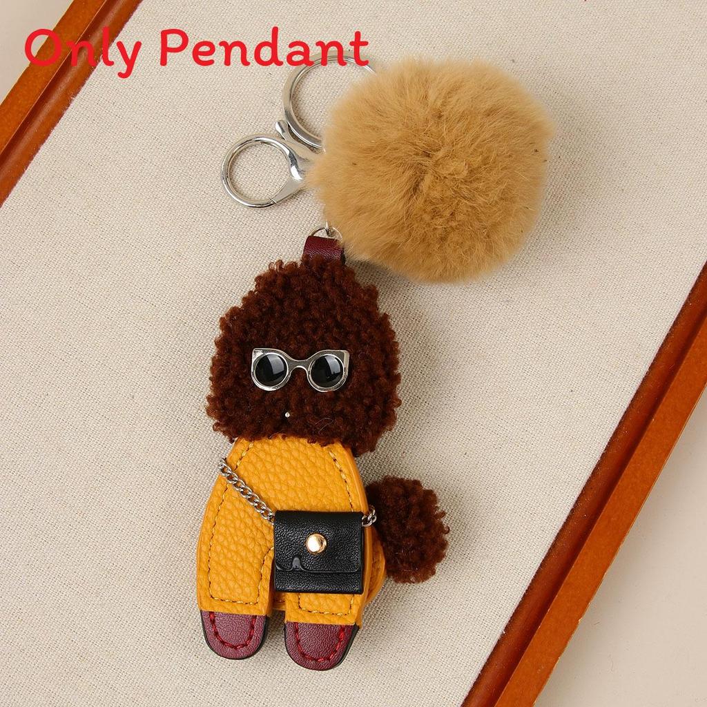 Autumn Cartoon Style Plush Leather Teddy Bear Bag Charm Keyring For Women And Teens