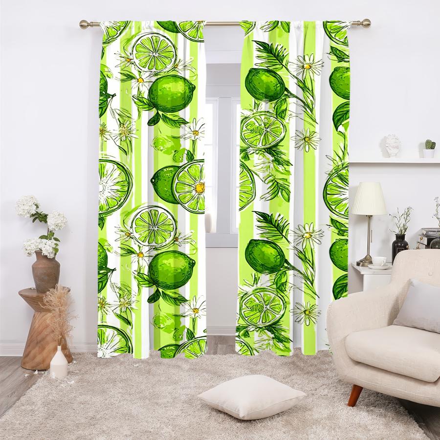 2Pcs Multicolor Green Lime Slice Daisy Striped Pattern Curta Rod Pocket Design For Bedroom And Living Room 24x59in(60x150CM)x2&Rod Pocket&2 panels