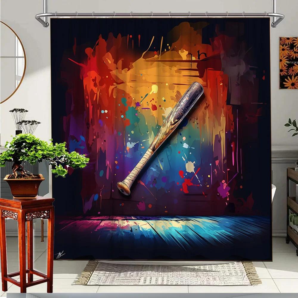 

1Pc Vibrant Baseball Bat Shower Curtain - Colorful Splash Design, Durable Polyester Fabric With 12 Hooks, 70.8X70.8 Inches W60H190(CM)-1 Pcs