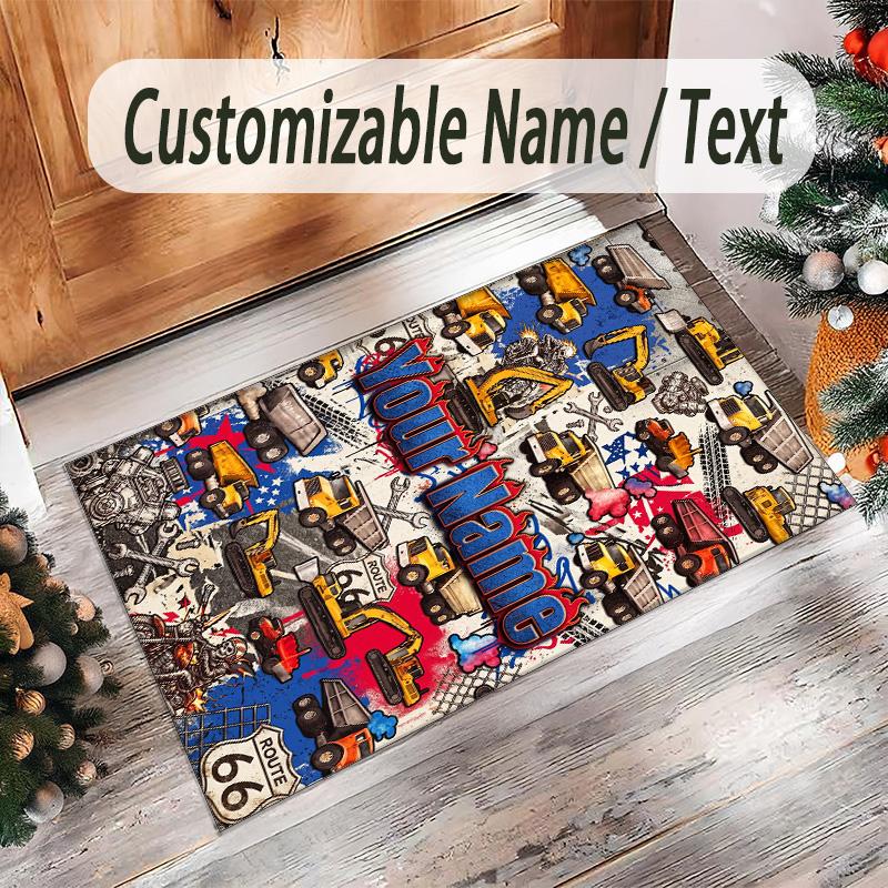Construction Vehicles Theme Crystal Velvet Rug Personalized Custom Name Text Soft Floor Mat Home Decor