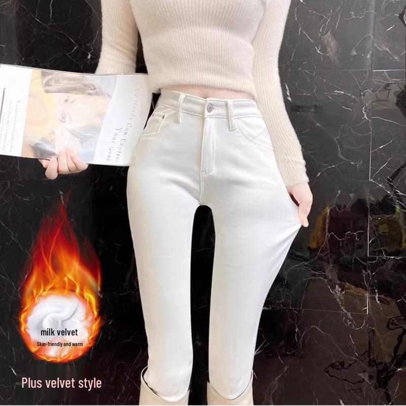 White High-Waisted Women s Jeans, Autumn/Winter, Velvet-Lined, Slimming, Stretchy, Butt-Lifting, Skinny Leg Pants 31