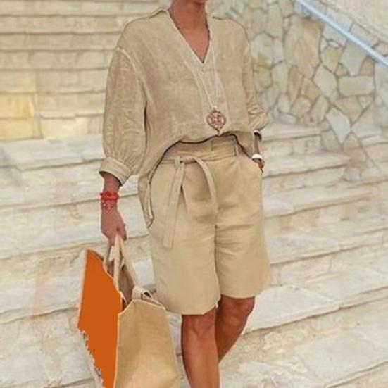 Women's Cotton Linen Two Piece Outfit Casual V-Neck Half Sleeve Lapel Shirt And Belted Wide Leg Shorts Summer Lounge Set with Pockets