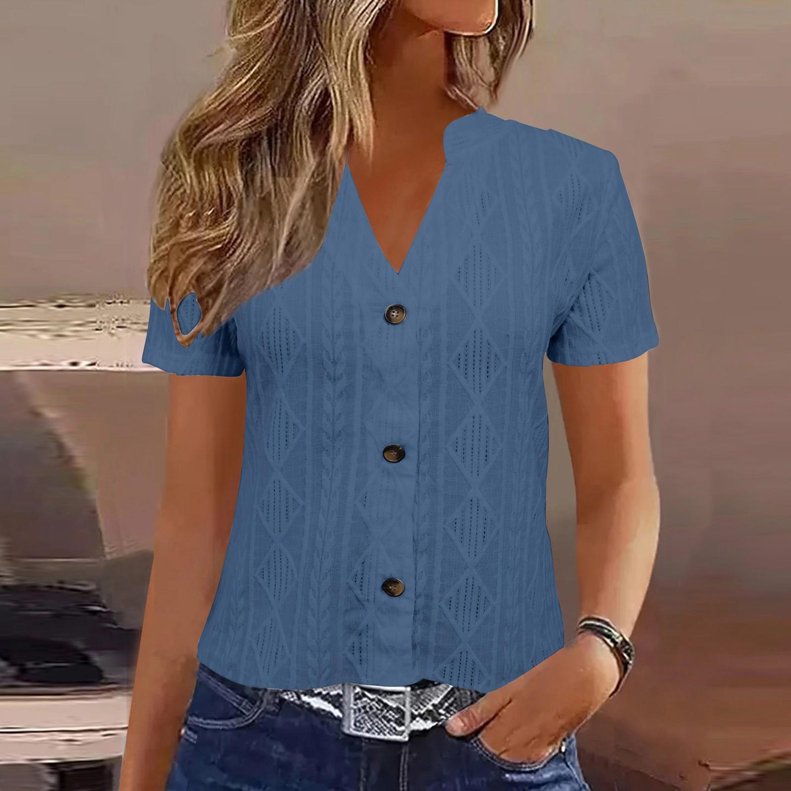 

Womens Tops Dressy Casual V Neck Color Short Sleeve Blouse Casual Tops Summer Shirt L тёмно-синий