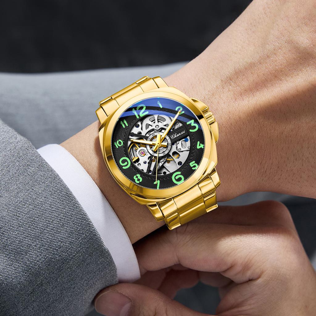 Men Automatic Skeleton Watch Large Dial Mechanical Luminous Fashion Wristwatch