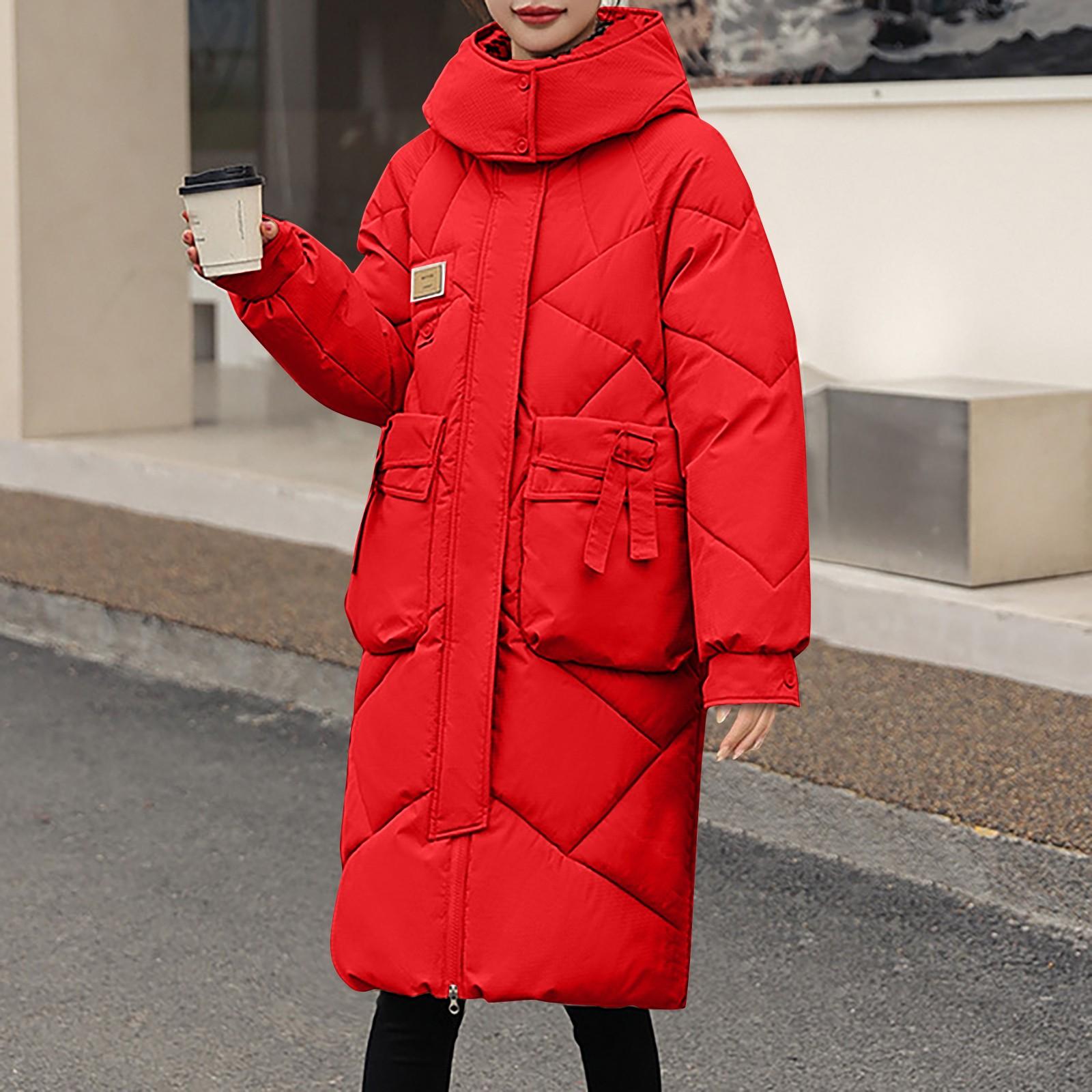 

Женская модная повседневная однотонная хлопковая куртка с капюшоном средней длины и длинными рукавами на молнии и пуговицах XL красный