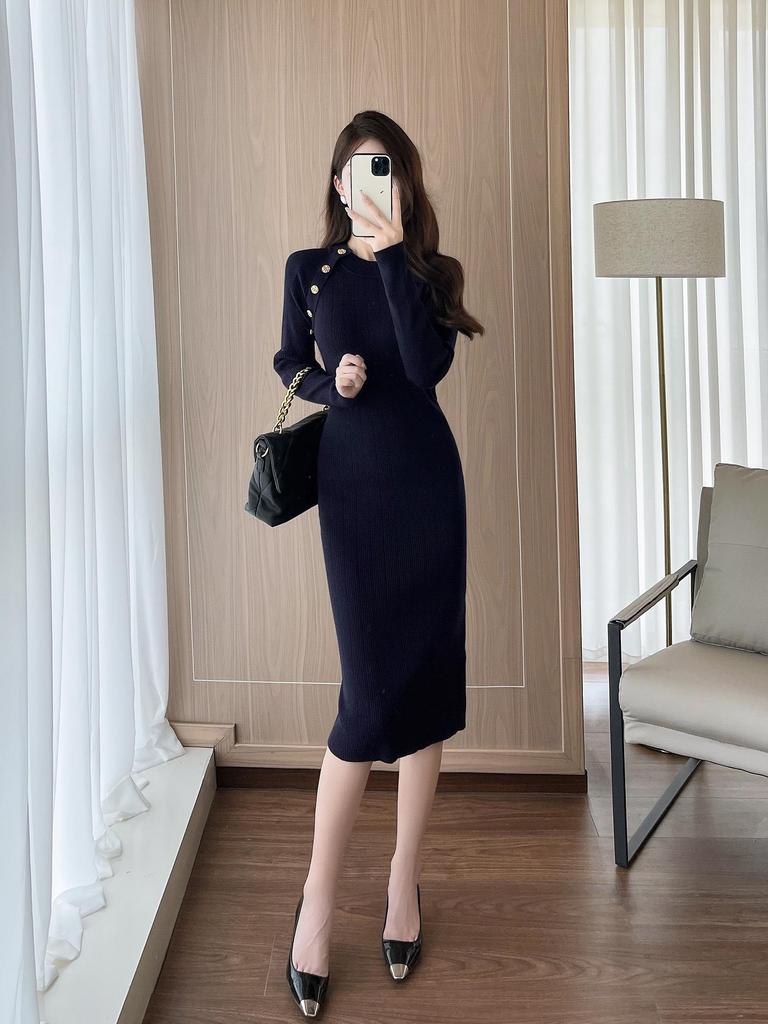 Women's Royal Blue Long-Sleeve Bodycon Wool Knit Dress for Autumn/Winter