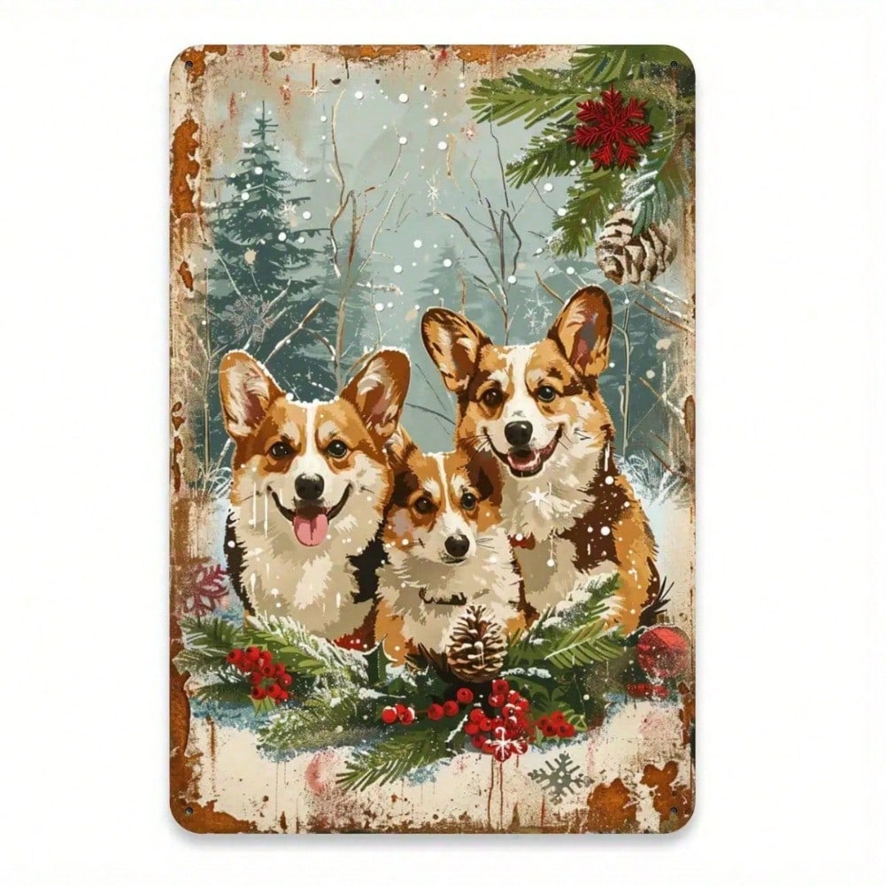Vintage Christmas Corgi Metal Tin Sign Wall Art 20x30cm Home Gym Cafe Decor