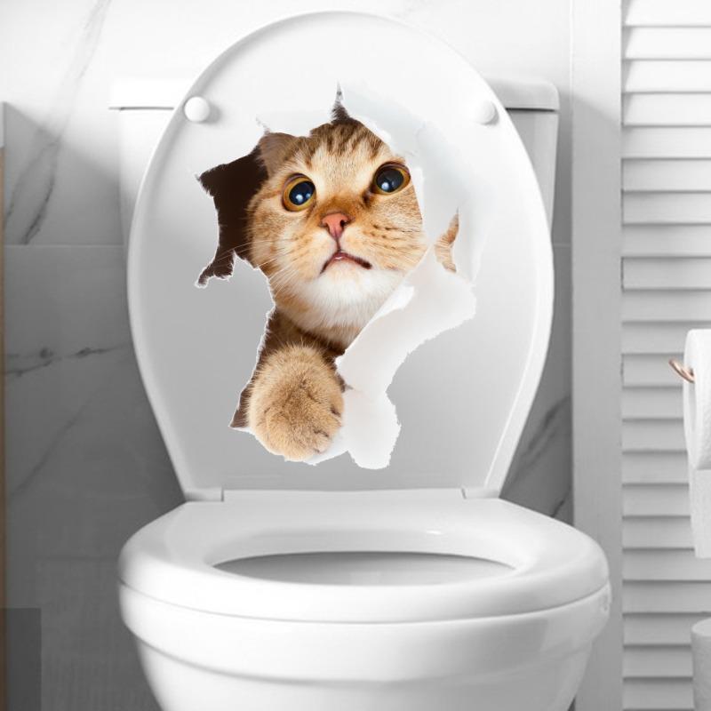 Lovely Cat Toilet Stickers For Wc Washroom Decoration Diy Vivid 3d Look Pet Animal Home Decals Pvc Wall Mural Art Print Posters