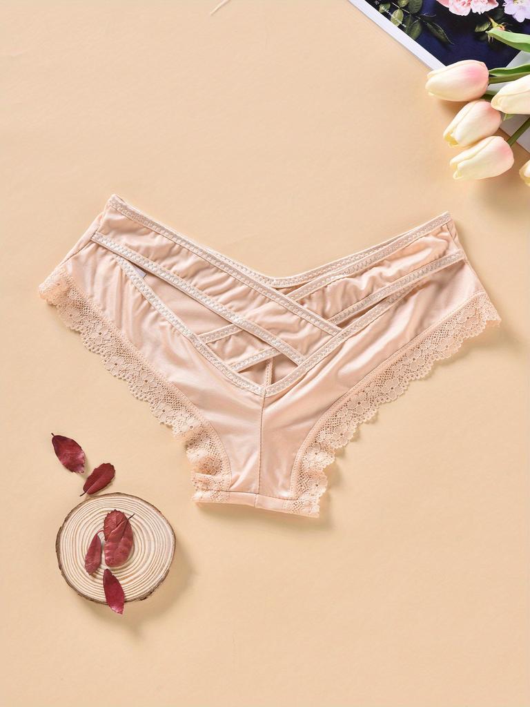Lace Trim Hipster Panties, Cross Hollow Out Breathable Intimates Panties, Women's Lingerie & Underwear