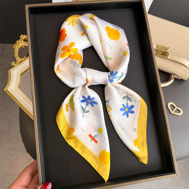 Korean Style Printed Silk Like Square Scarf For Women Sun Protection