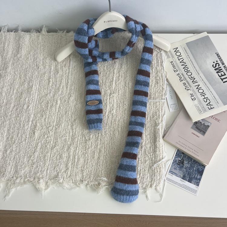 Early Autumn And Winter, Dongdaemun, South Korea, Striped Thin And Narrow Long Small Scarf, Women'S Fashionable Millennial Style Sausage Knitted Scarf