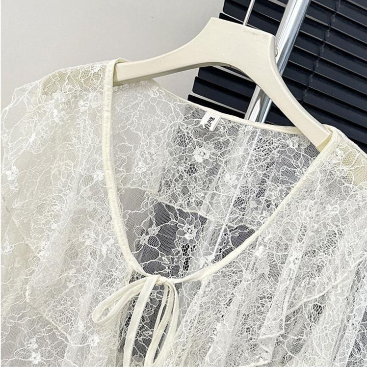 Gilet en dentelle frais à manches évasées pour femme, été, bord à volants, fin, manches longues, protection solaire