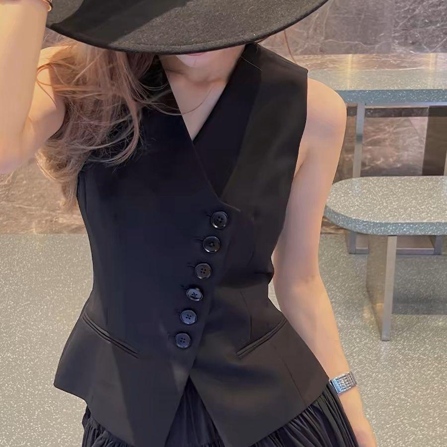 Fashion Diagonal Button Blazer Vest for Women Layered Office Wear Sleeveless Outwear Clothes